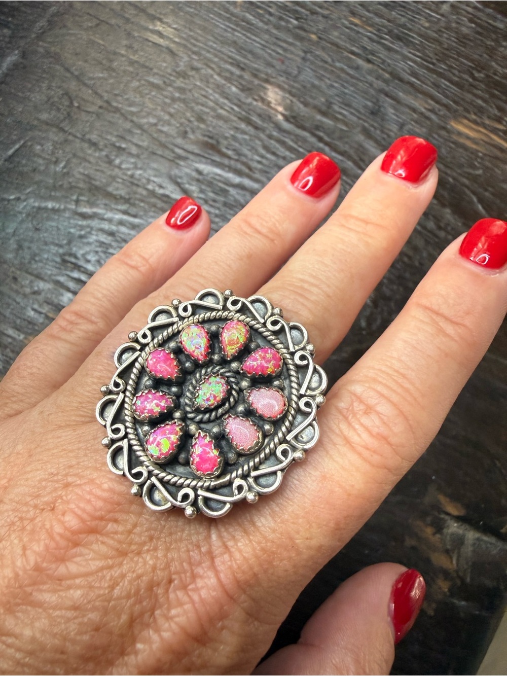 Pink Opal Conch Silver Ring - Adjustable